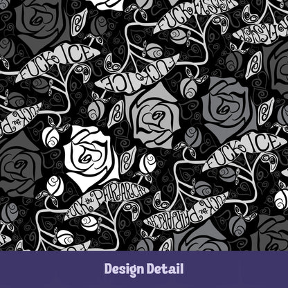 Close-up design detail of feminist hidden profanity serving platter showing hand drawn roses in black white and gray with hand lettered banners reading protest phrases in tattoo style script