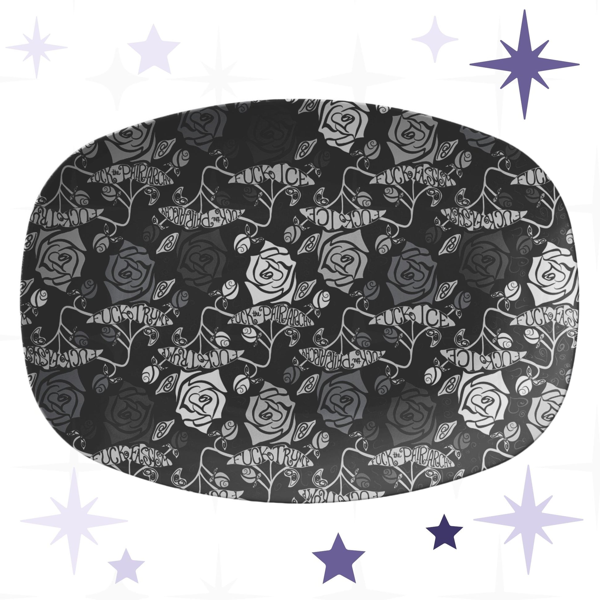 Feminist hidden profanity gothic rose serving platter on white background with decorative stars showing full oval shape and dark floral pattern