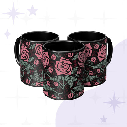 Fight Fascism coffee mug shown from three angles revealing the full Art Nouveau rose wrap print and hand-lettered hidden fascism message on black ceramic