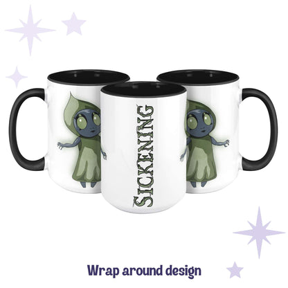 Chibi Flatwoods Monster mug shown across three angles as a wrap-around design with SICKENING in swamp-green lettering