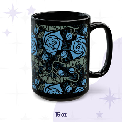 15oz dark floral activist coffee mug showing full wrap-around botanical pattern with cornflower blue roses and Fuck ICE hidden in sage green leaf lettering, glossy black ceramic