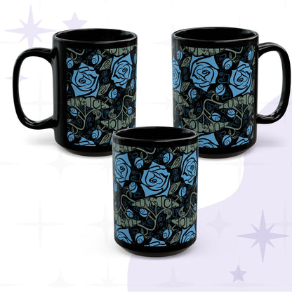 Three dark floral hidden message mugs grouped together showing full wrap-around cornflower blue rose and sage green leaf pattern with Fuck ICE hand lettering on glossy black ceramic