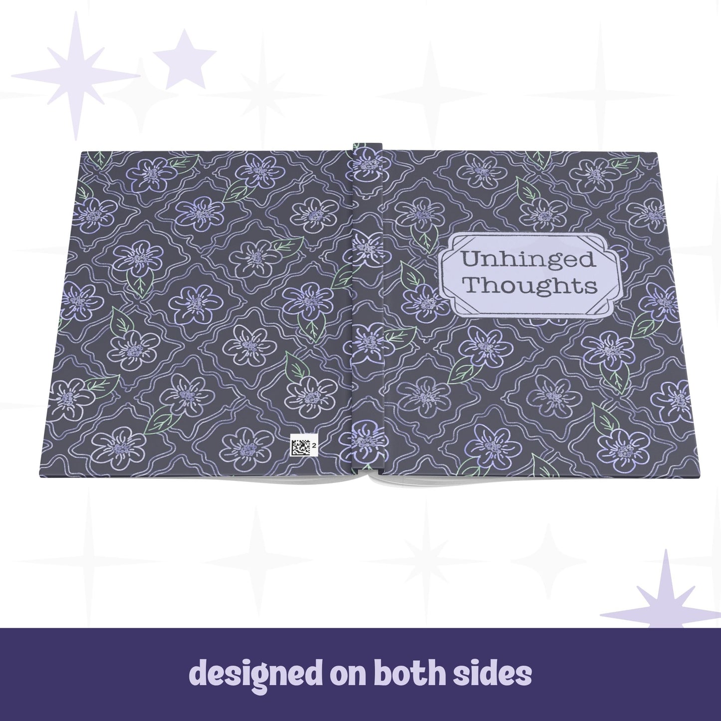 Gothic floral journal open flat showing full wrap design on front and back covers with lavender ogee flower pattern and Unhinged Thoughts label