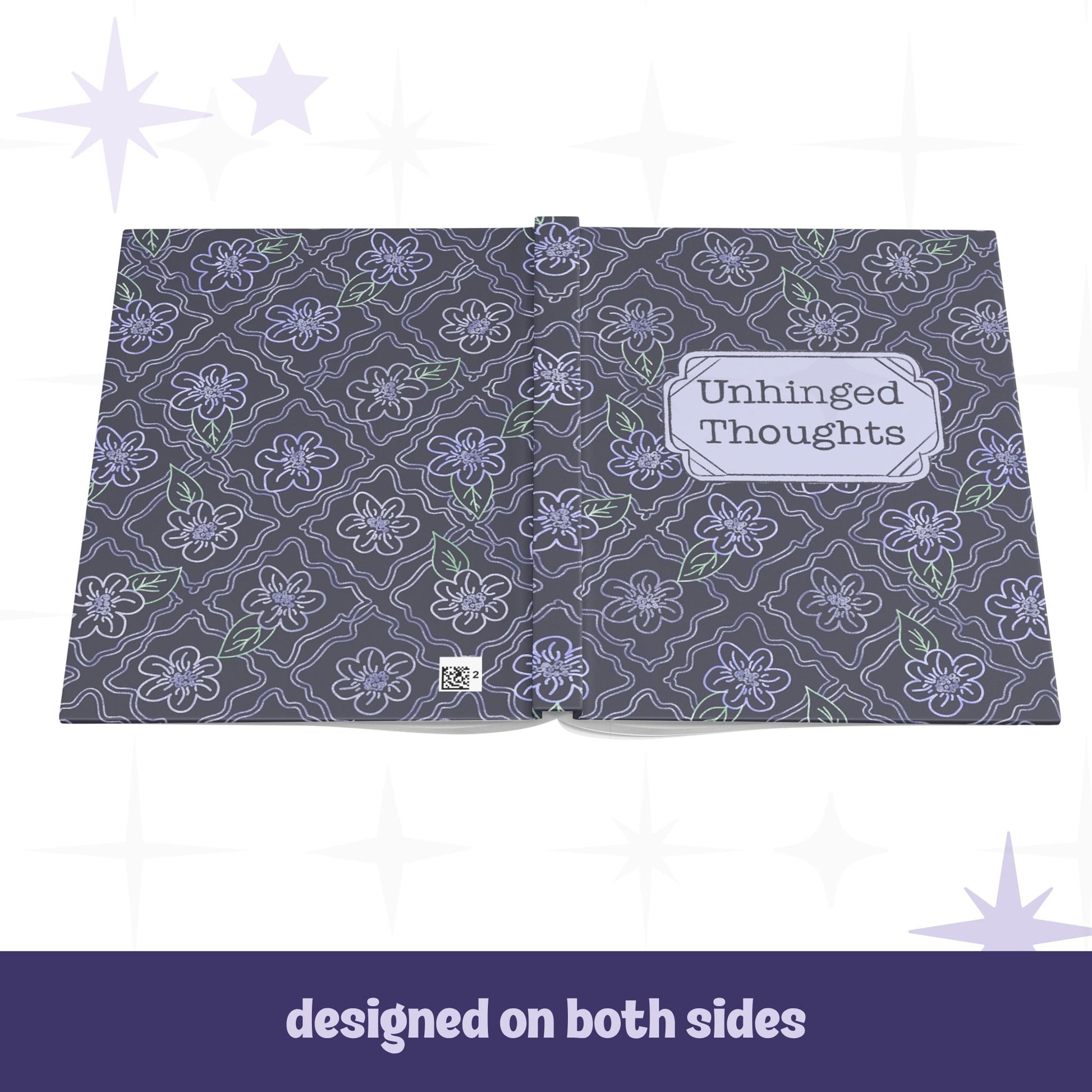Gothic floral journal open flat showing full wrap design on front and back covers with lavender ogee flower pattern and Unhinged Thoughts label