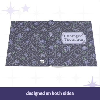 Gothic floral journal open flat showing full wrap design on front and back covers with lavender ogee flower pattern and Unhinged Thoughts label