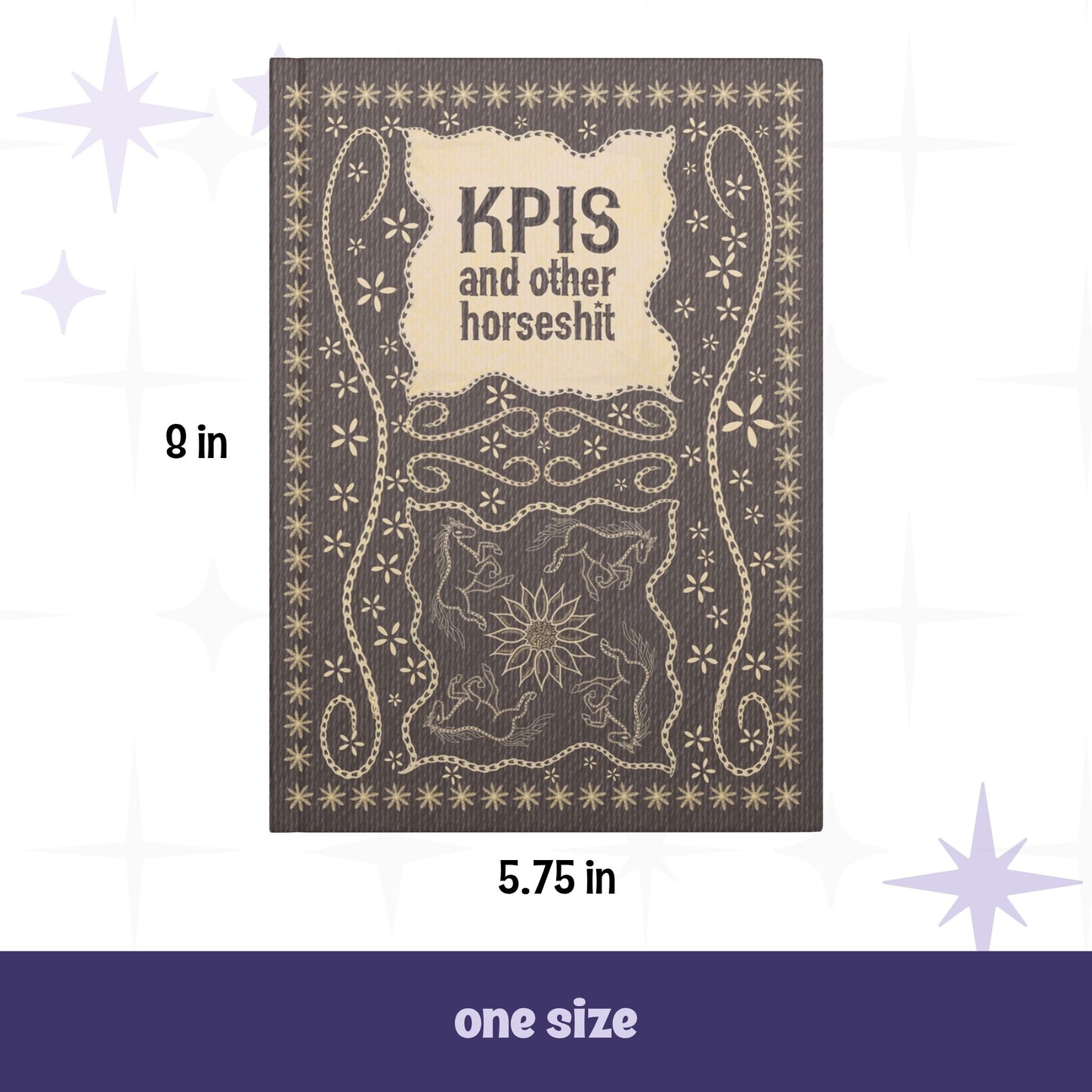 KPI profanity journal front cover with dimensions labeled 5.75 inches wide by 8 inches tall, one size