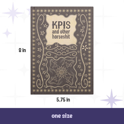 KPI profanity journal front cover with dimensions labeled 5.75 inches wide by 8 inches tall, one size