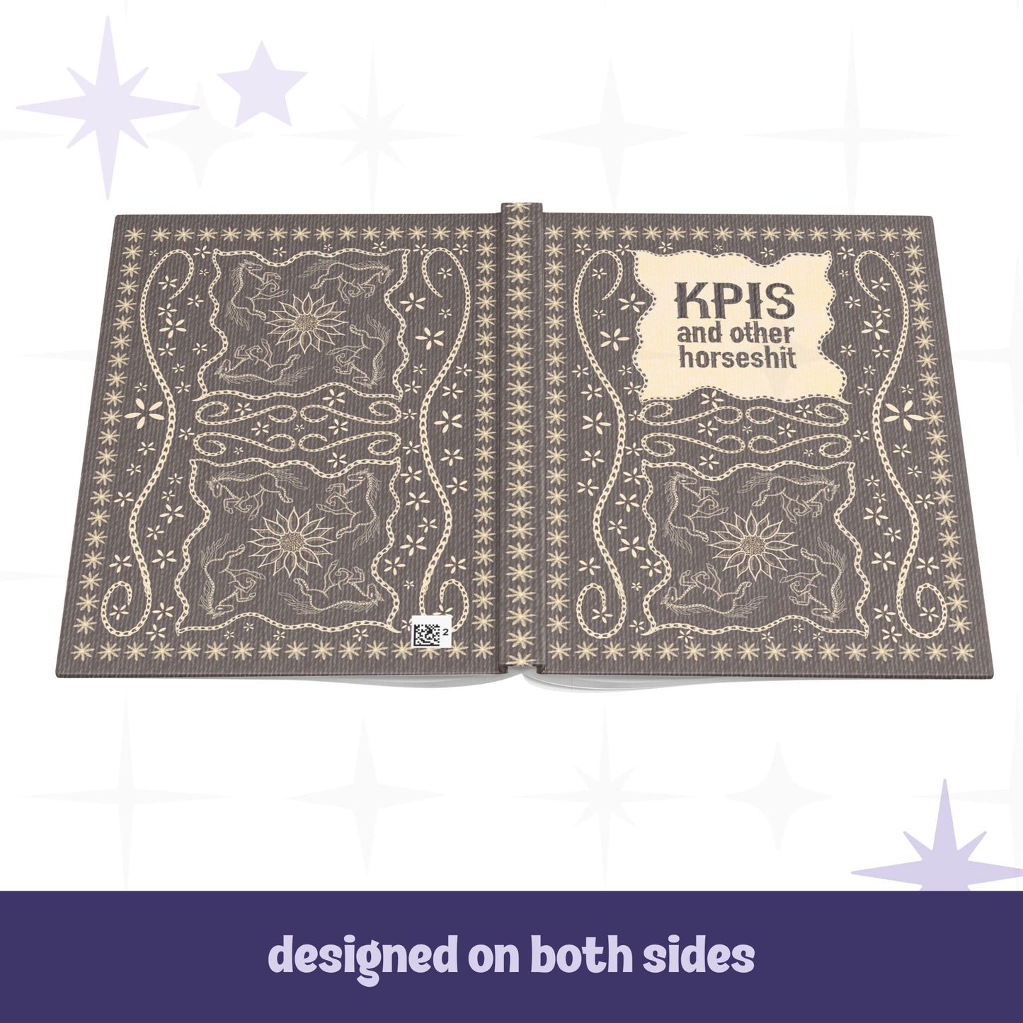 Funny KPI profanity journal open flat showing front and back covers with matching vintage equestrian embroidered horse and sunburst design, designed on both sides