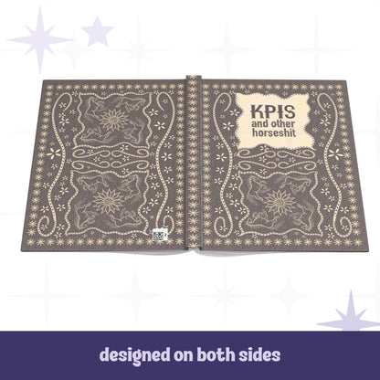 Funny KPI profanity journal open flat showing front and back covers with matching vintage equestrian embroidered horse and sunburst design, designed on both sides
