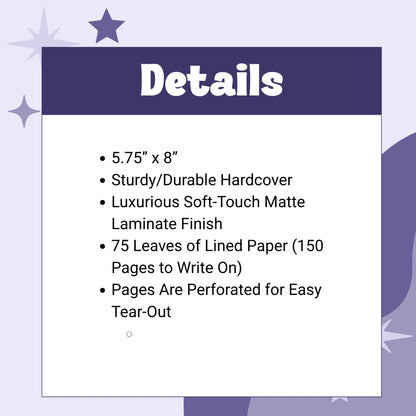 Product details graphic for KPI profanity journal showing specs: 5.75 by 8 inches, sturdy hardcover, soft-touch matte laminate, 75 leaves of lined paper, perforated pages