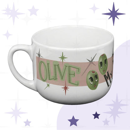 Funny mom latte mug with retro olive pun design reading Olive My Kids Are Weird, 25oz white ceramic with mid-century starburst motifs and anthropomorphized olive characters, handle facing left on white background