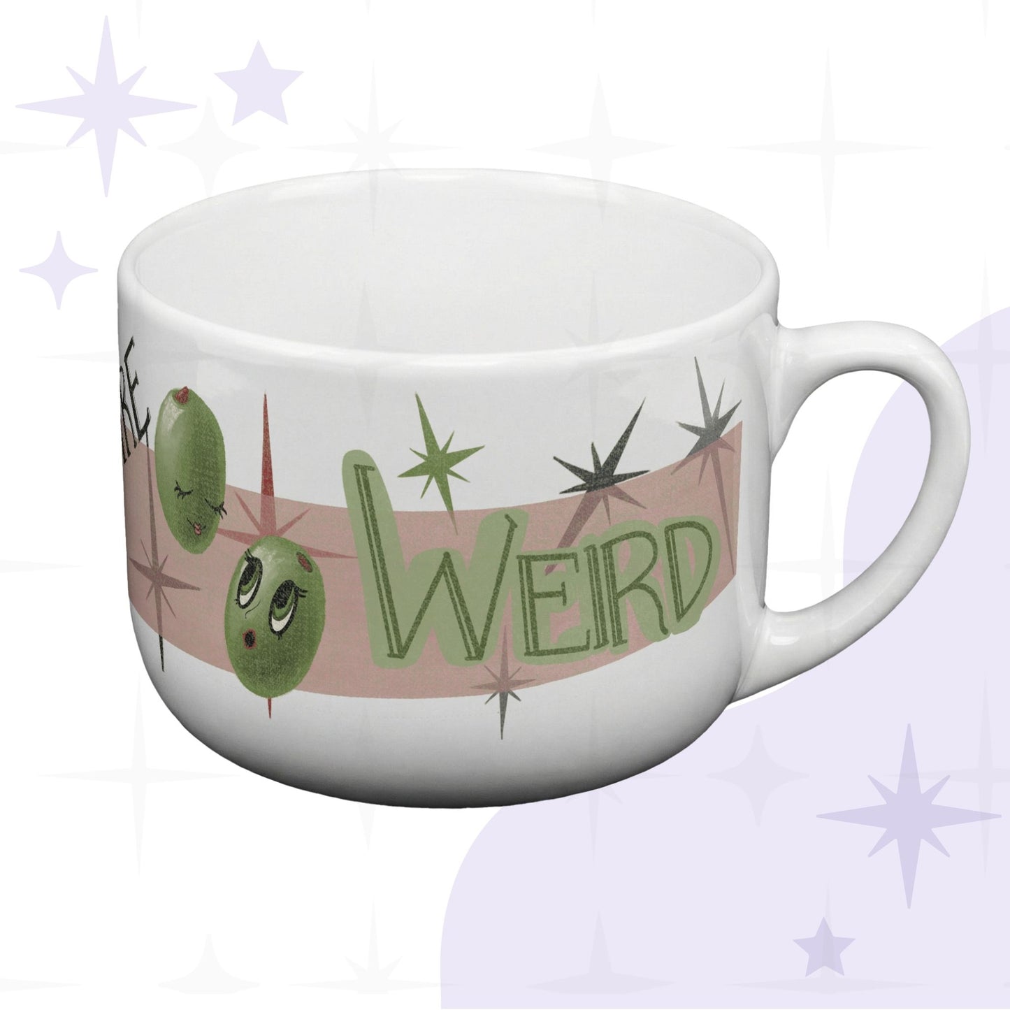 Side view of funny mom ceramic latte mug showing Weird retro block lettering in sage green and illustrated olive characters with expressive faces, handle facing right