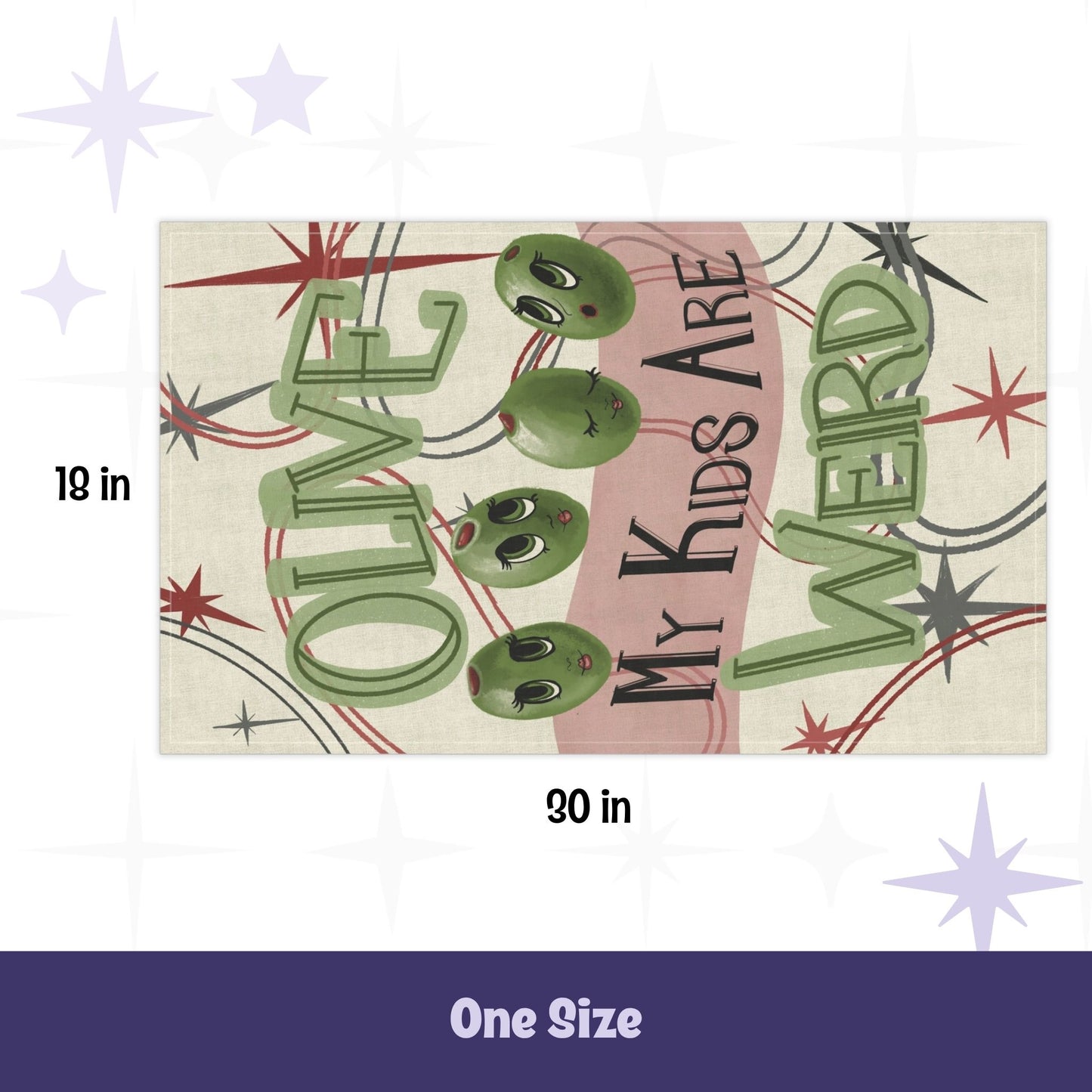 Retro kitchen tea towel flat lay showing 18 by 30 inch dimensions, olive pun illustration with cartoon olive faces and mid-century atomic starbursts on cream cotton twill