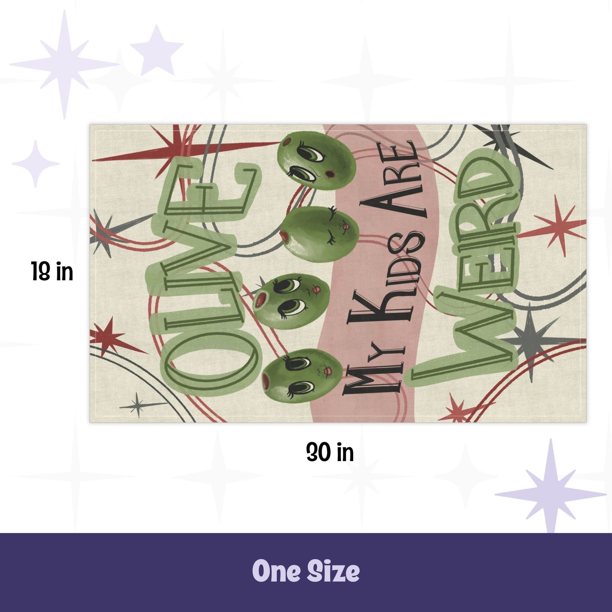 Retro kitchen tea towel flat lay showing 18 by 30 inch dimensions, olive pun illustration with cartoon olive faces and mid-century atomic starbursts on cream cotton twill