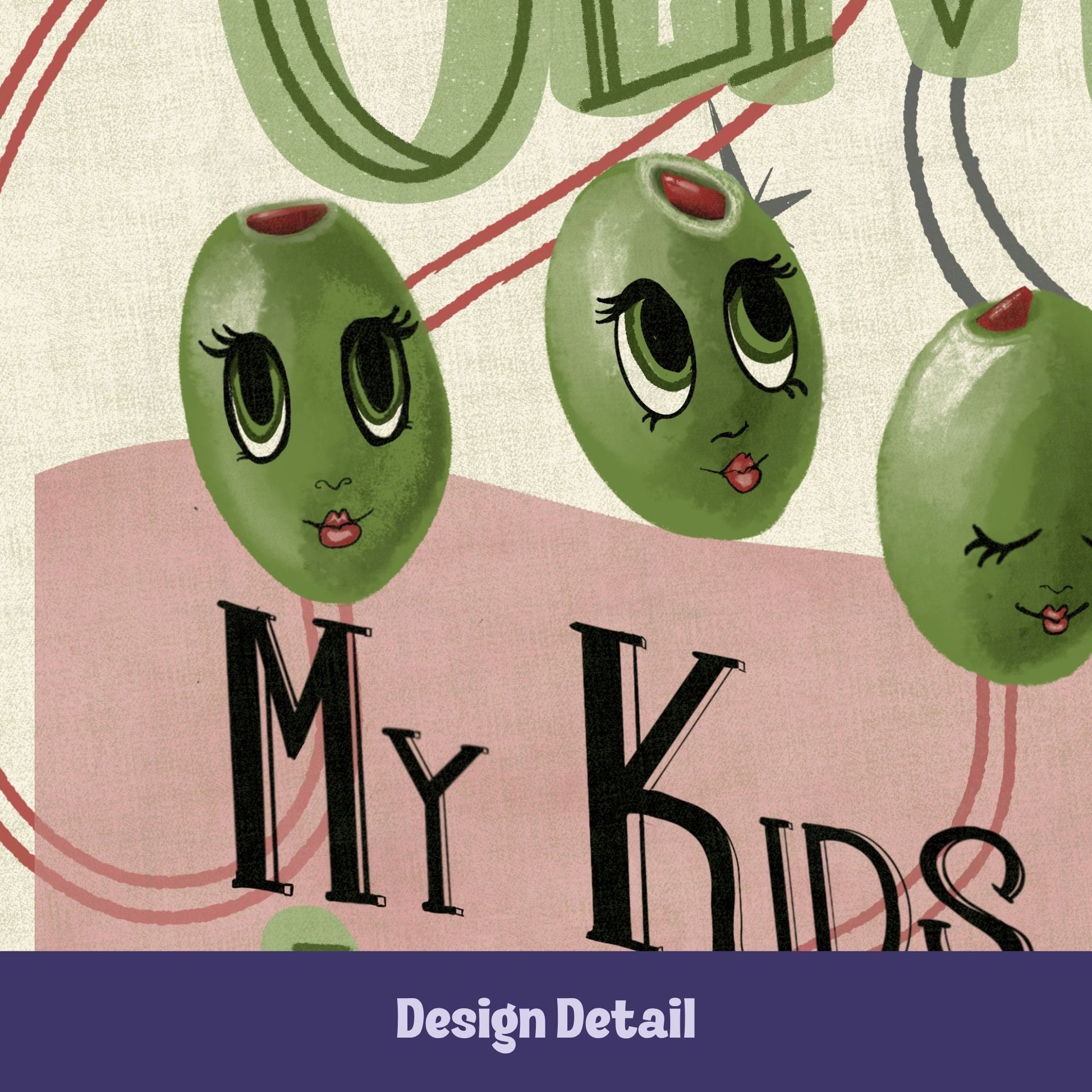 Close-up detail of illustrated green olive characters with expressive cartoon eyes, lashes, and red lips on retro kitchen tea towel by Dubious Doodles Design