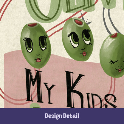 Close-up detail of illustrated green olive characters with expressive cartoon eyes, lashes, and red lips on retro kitchen tea towel by Dubious Doodles Design