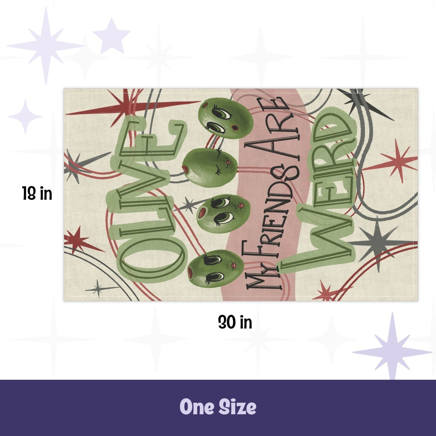 Retro olive pun tea towel laid flat showing full 18 by 30 inch dimensions, mid-century starburst design on cream cotton twill