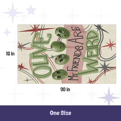 Retro olive pun tea towel laid flat showing full 18 by 30 inch dimensions, mid-century starburst design on cream cotton twill