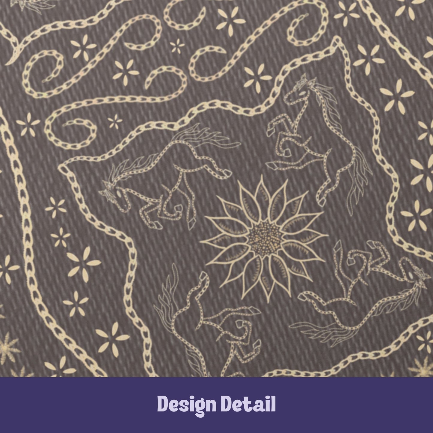 Design detail showing two hand-drawn galloping horses flanking a sunburst medallion with chain-stitch scrollwork on taupe softcover journal