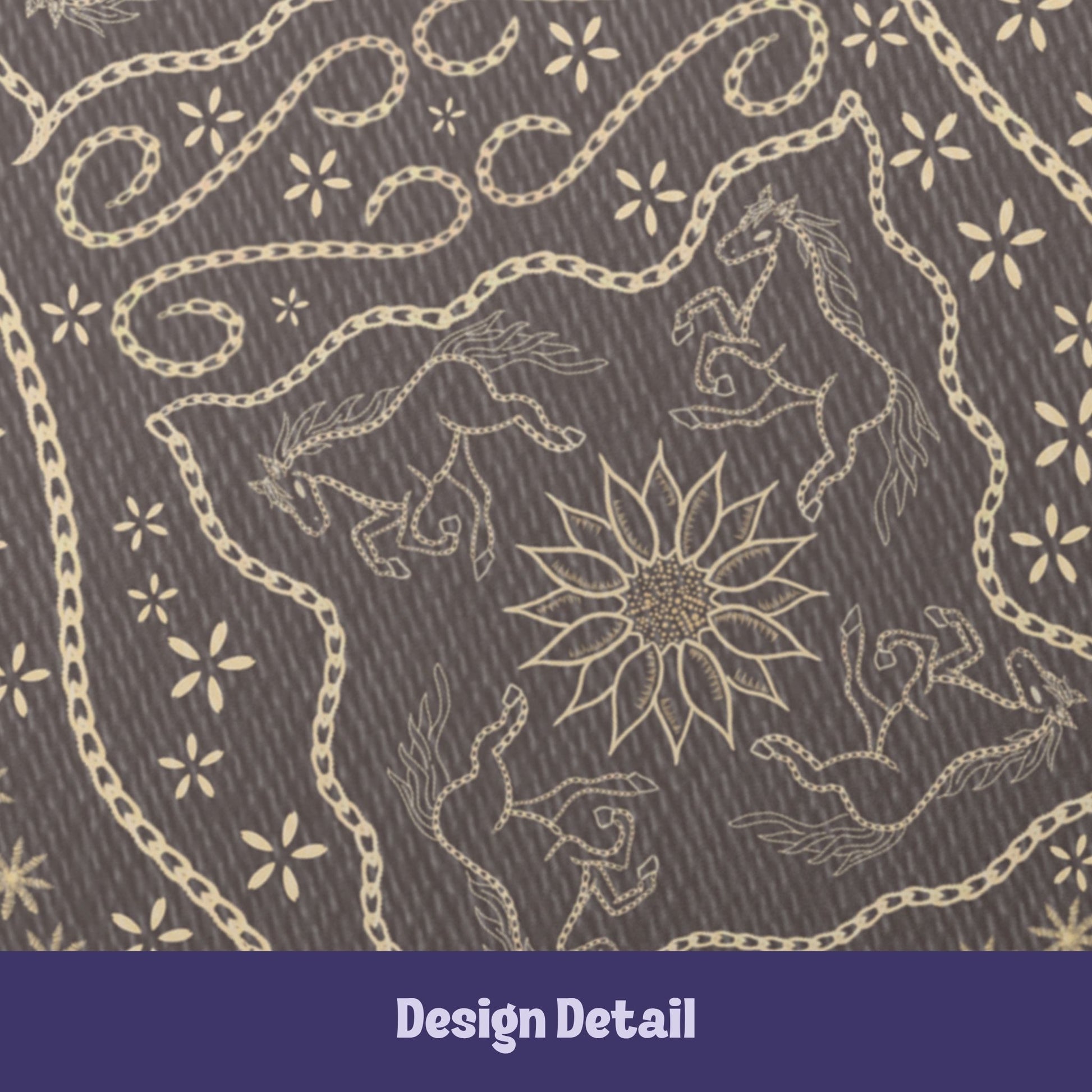 Design detail showing two hand-drawn galloping horses flanking a sunburst medallion with chain-stitch scrollwork on taupe softcover journal