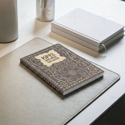 Profanity softcover journal on gray leather desk pad beside notebooks in work from home lifestyle setting