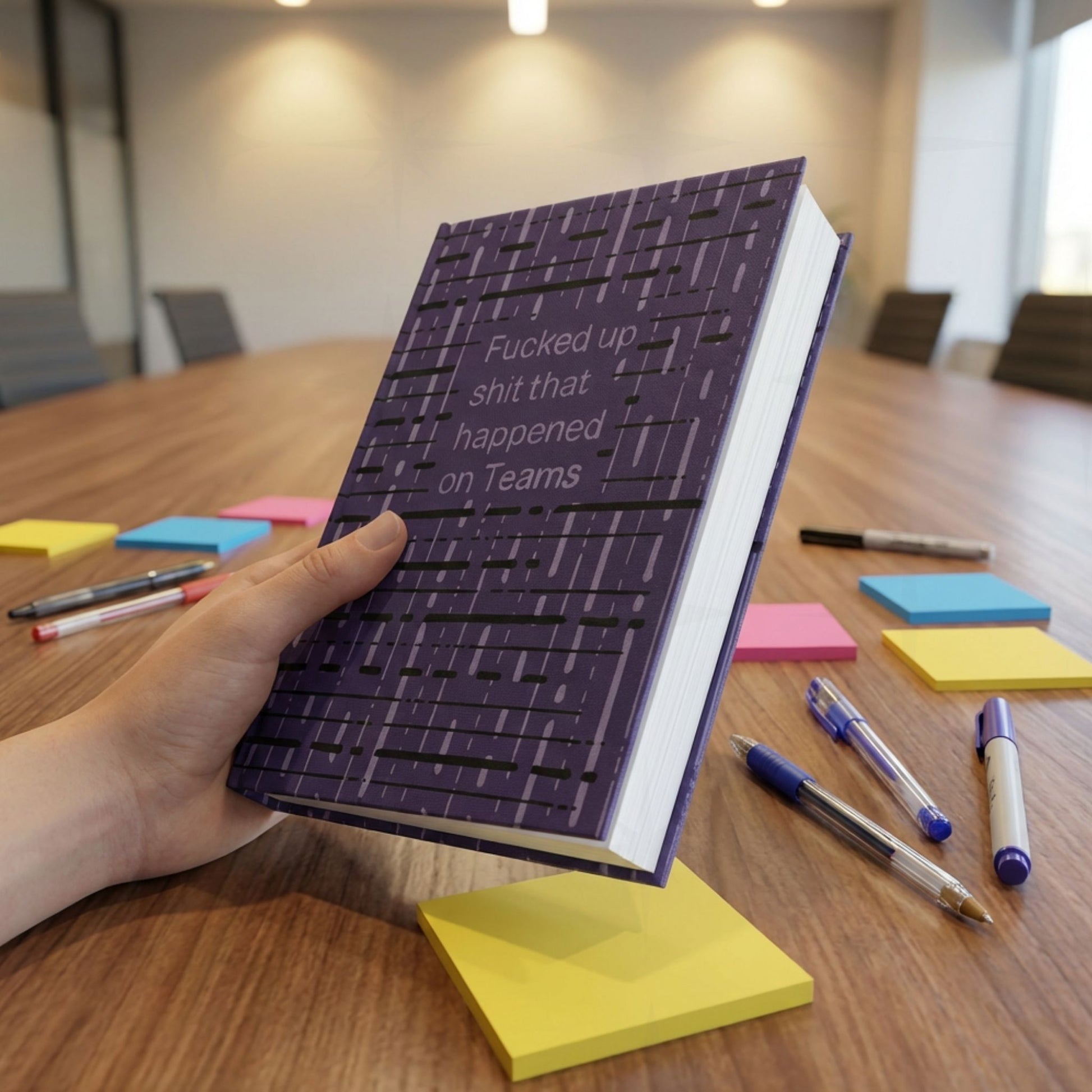 Person holding funny Teams profanity hardcover journal upright at conference table surrounded by sticky notes and pens