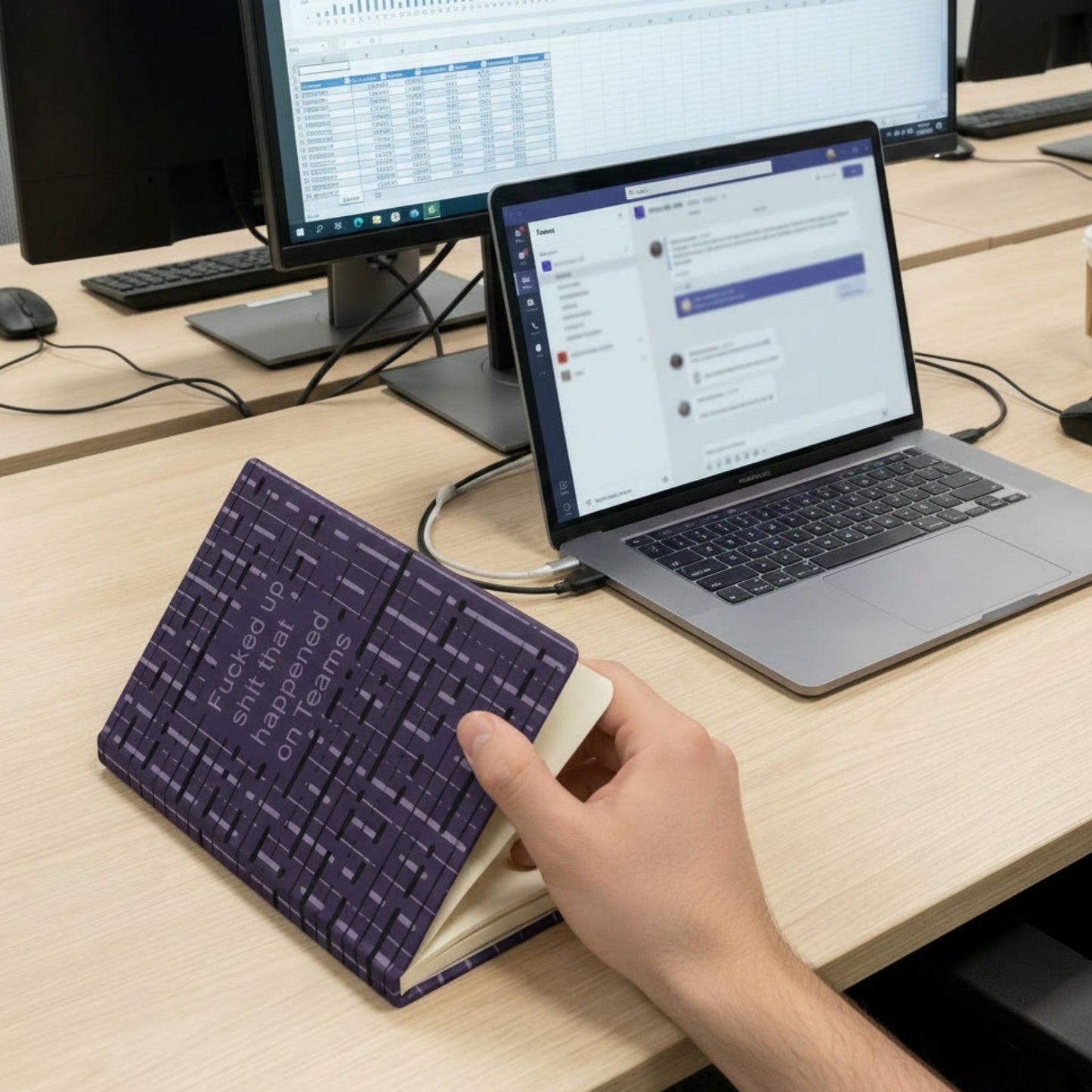 Person holding funny Teams meeting journal open at office desk with laptop showing Microsoft Teams chat and spreadsheet on dual monitors