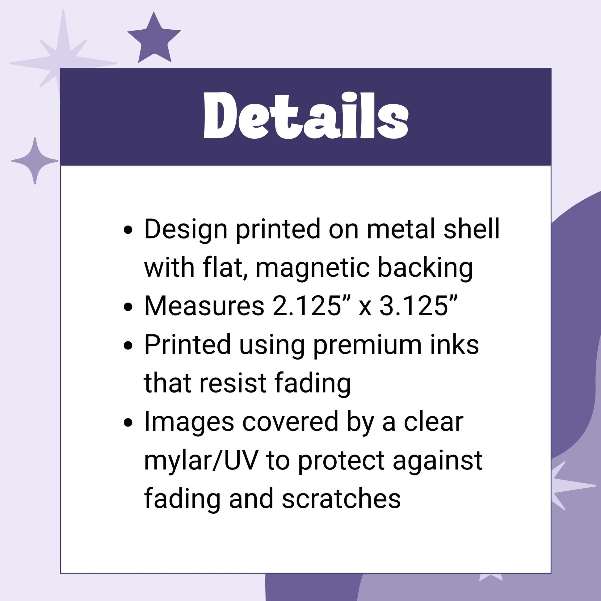 Product details graphic listing goth mom fridge magnet specifications: metal shell with flat magnetic backing, 2.125 x 3.125 inches, premium fade-resistant inks, clear mylar UV protection