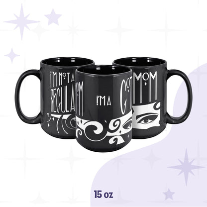 15oz goth mom mug shown from three angles displaying full wrap gothic lettering and dramatic illustrated eyes on deep black glossy ceramic