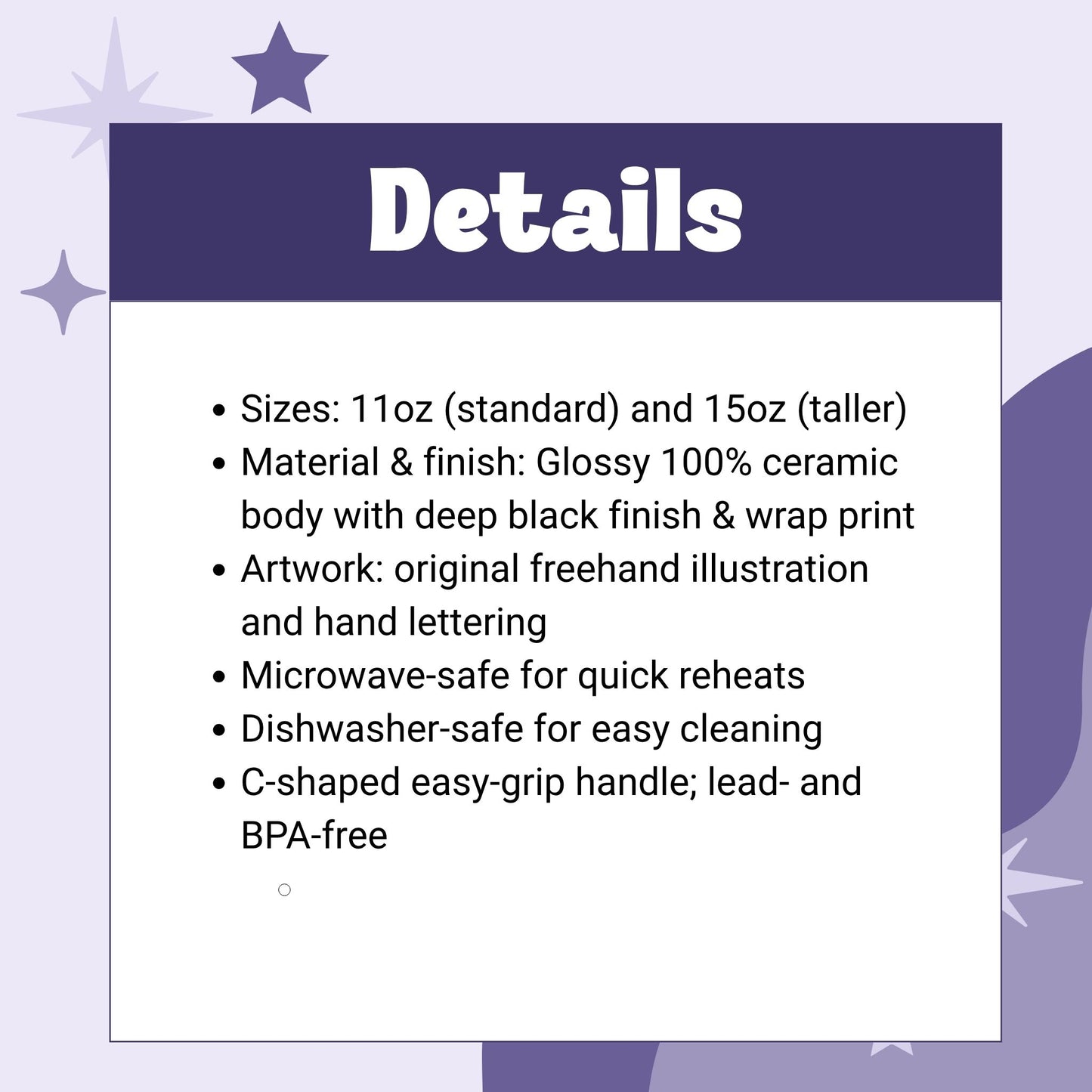 Product details graphic for black ceramic feminist coffee mug — sizes 11oz and 15oz, glossy ceramic, microwave and dishwasher safe, lead and BPA free