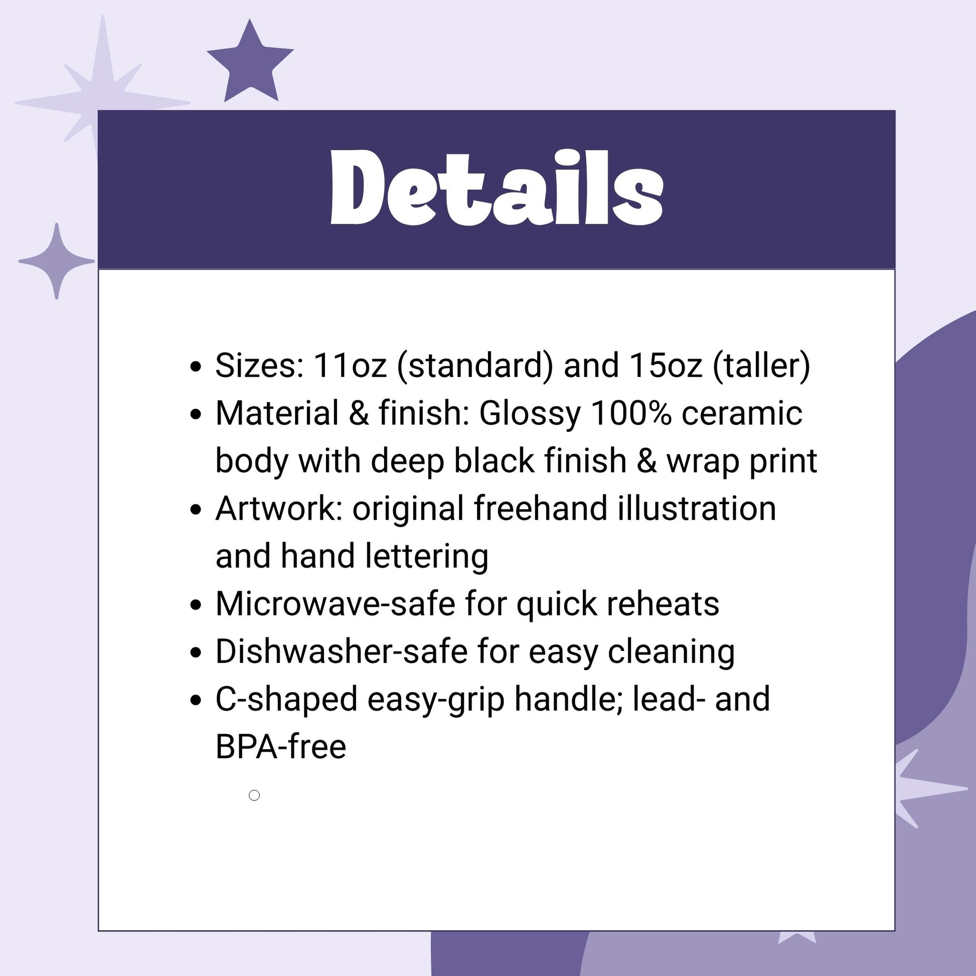 Product details graphic for black ceramic feminist coffee mug — sizes 11oz and 15oz, glossy ceramic, microwave and dishwasher safe, lead and BPA free