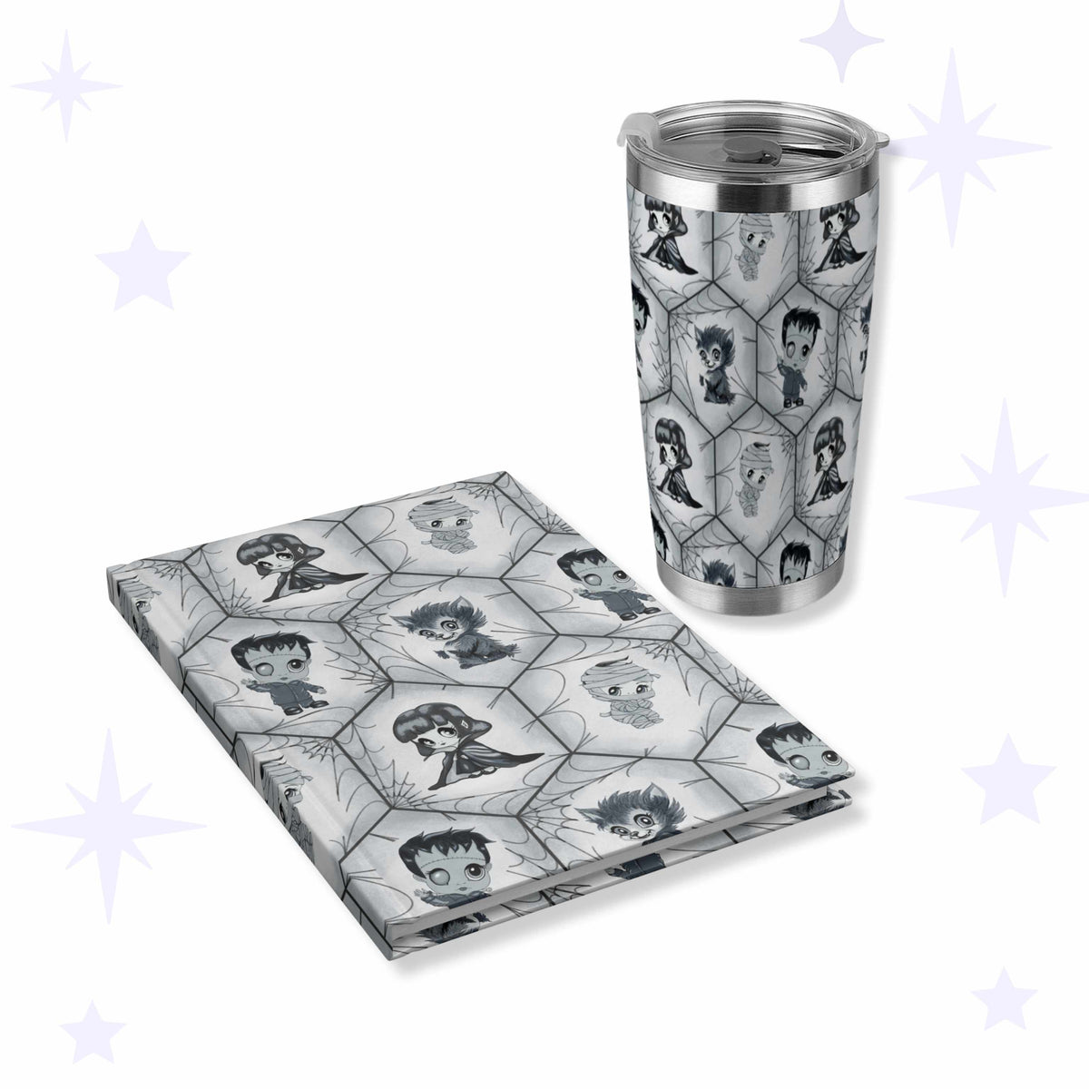 Grayscale stainless steel tumbler and matching hardcover journal printed with chibi vampire, werewolf, mummy, and Frankenstein's monster in a hexagon spiderweb lattice.