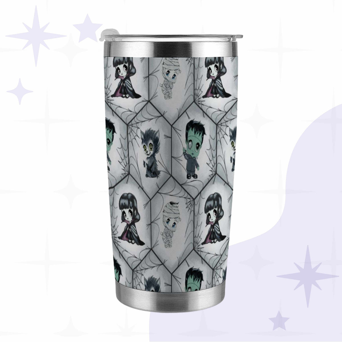 Goth tumbler with chibi vampire girl, mint green Frankenstein, werewolf, and mummy standing in a gray hexagon spiderweb pattern