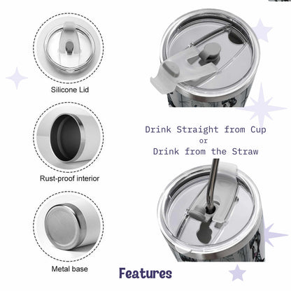 Tumbler features including the clear silicone slider lid, rust-proof interior, and metal base, shown with the straw in place