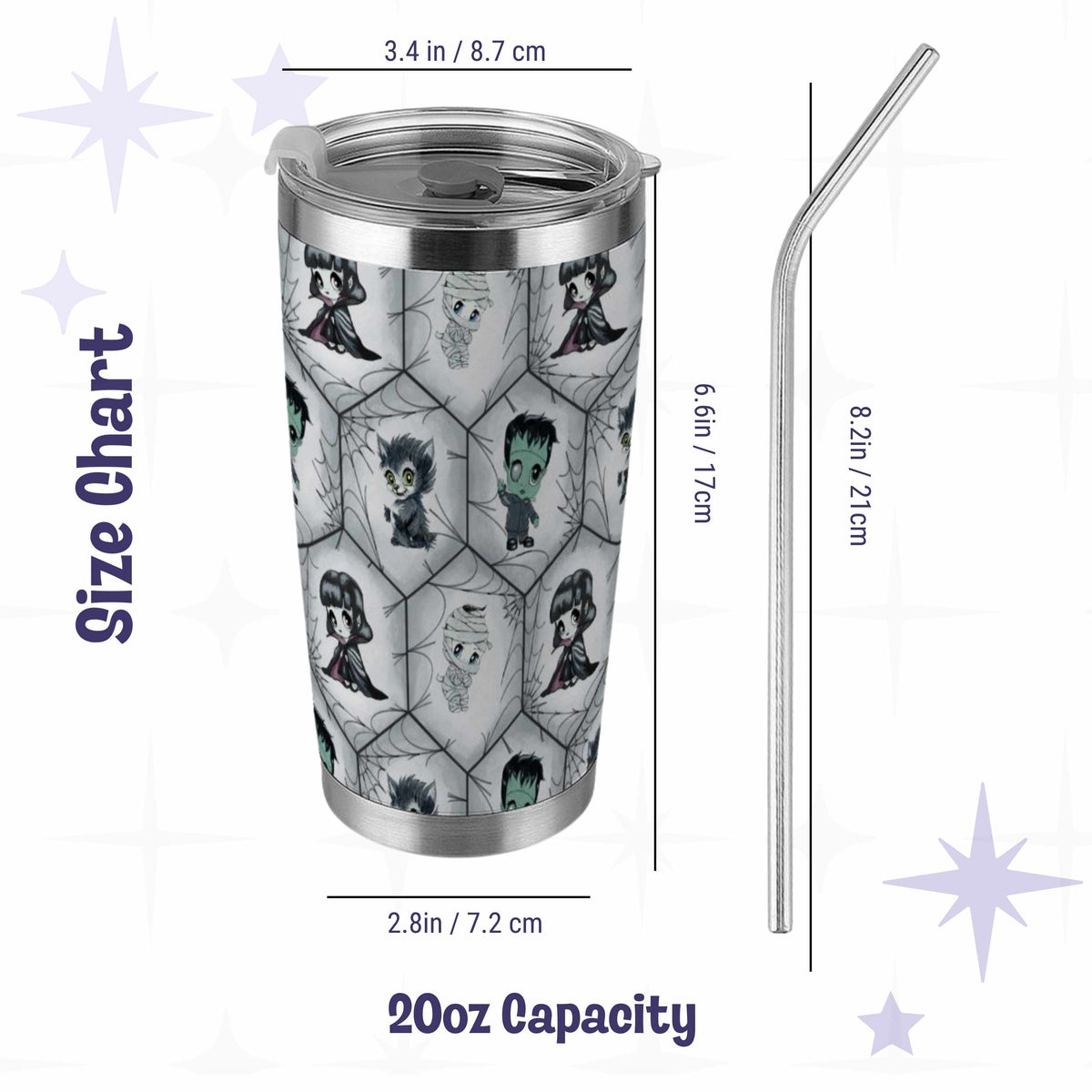 Size chart for the 20oz gothic stainless steel tumbler, 6.6 inches tall and 3.4 inches wide with an 8.2 inch metal straw