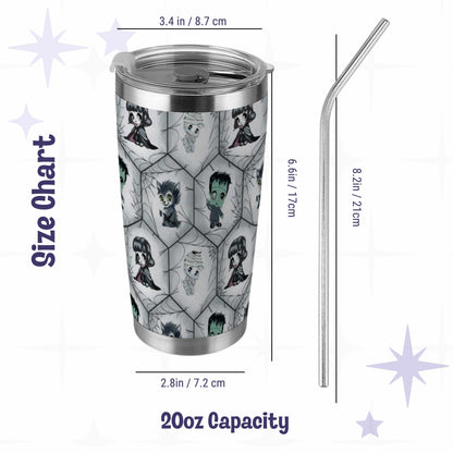 Size chart for the 20oz gothic stainless steel tumbler, 6.6 inches tall and 3.4 inches wide with an 8.2 inch metal straw
