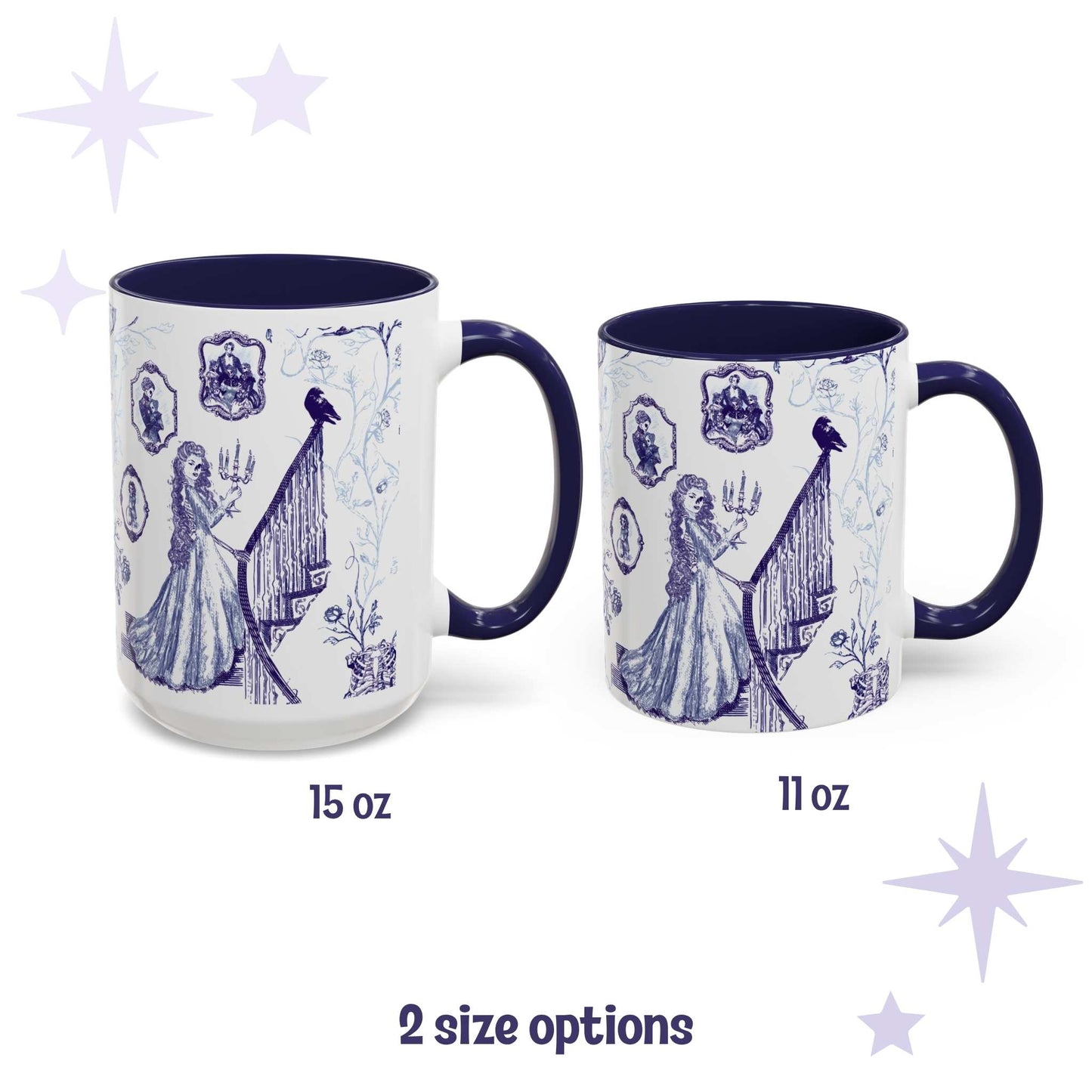 Blue and white gothic toile mugs in 15 oz and 11 oz sizes with a candlelit staircase and raven design