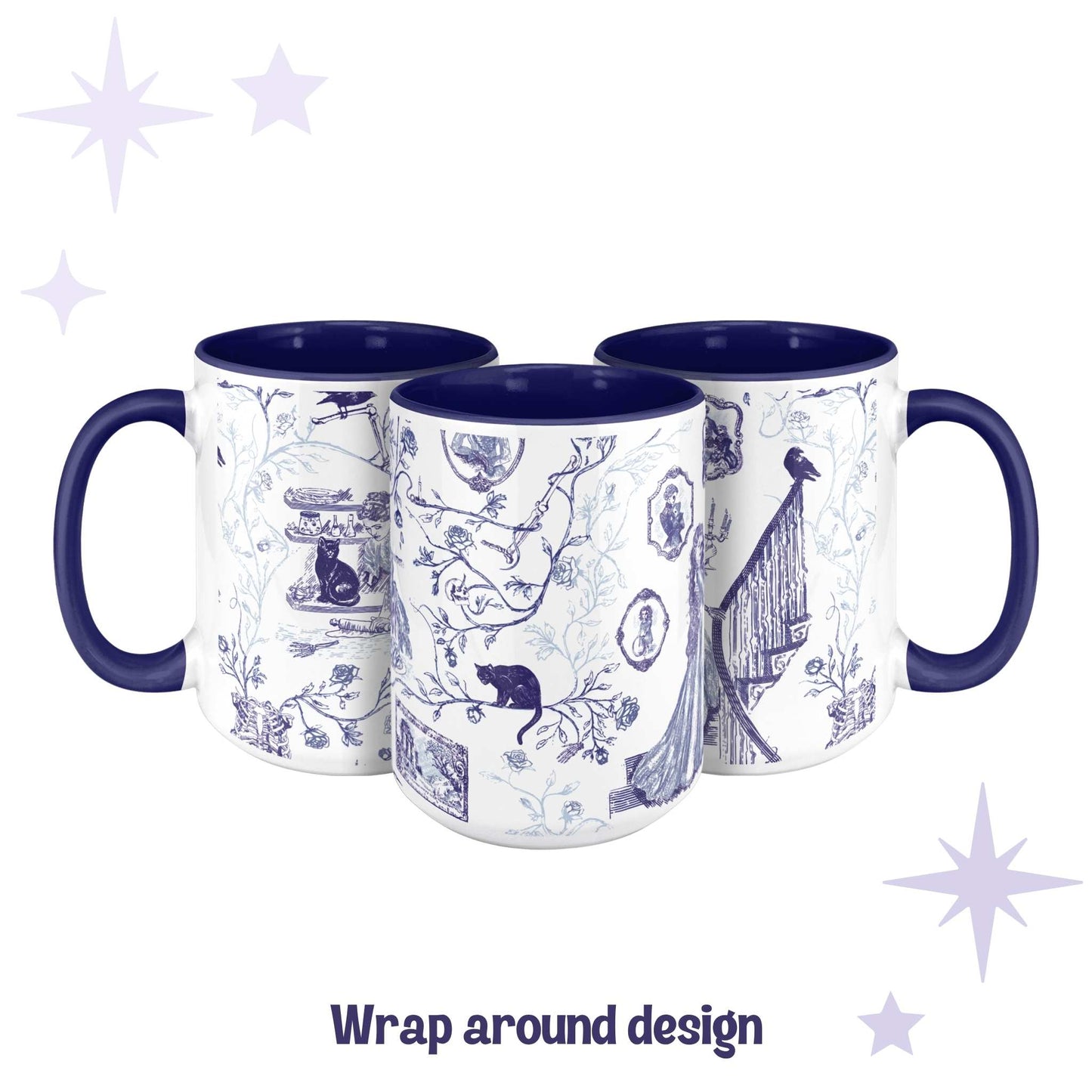 Three gothic toile mugs showing the full wrap-around blue and white zombie pattern design