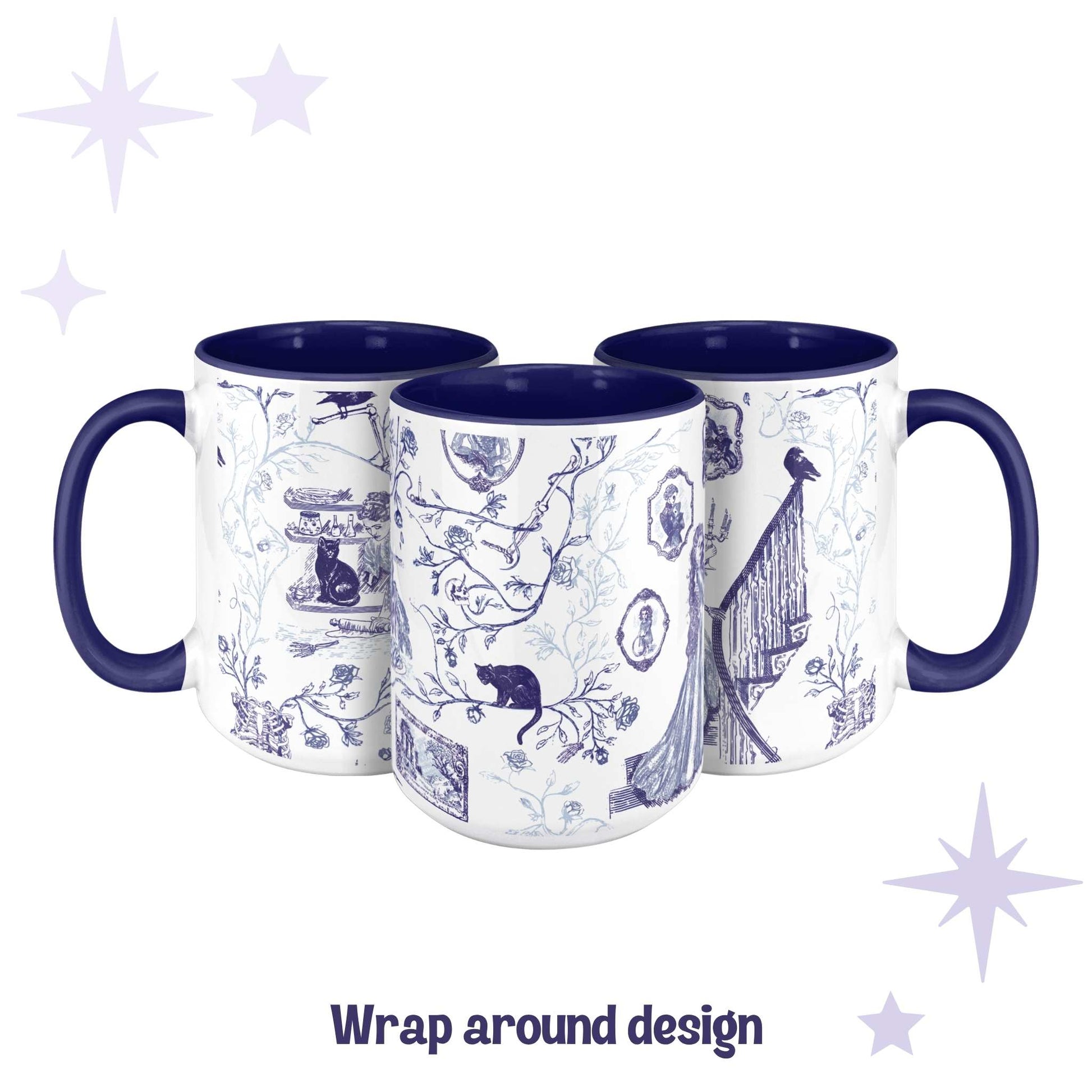 Three gothic toile mugs showing the full wrap-around blue and white zombie pattern design