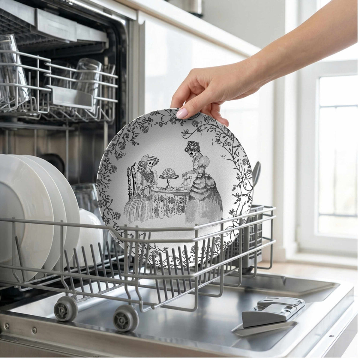 Domestic Zombie Tea Party Plate, Black and White