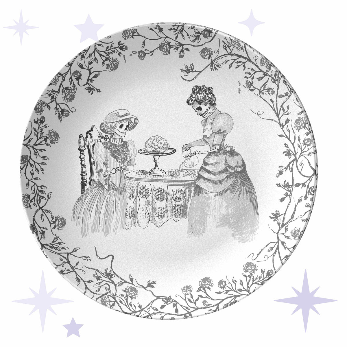 Domestic Zombie Tea Party Plate, Black and White