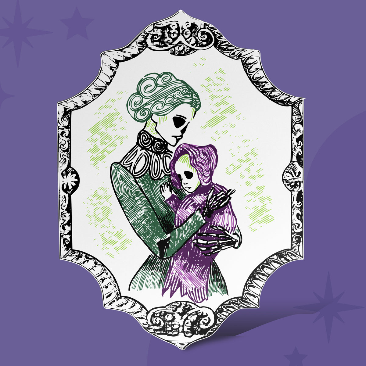 Gothic skeleton sticker showing a green Victorian woman with a skull face holding a plum bonneted child in an ornate engraved frame
