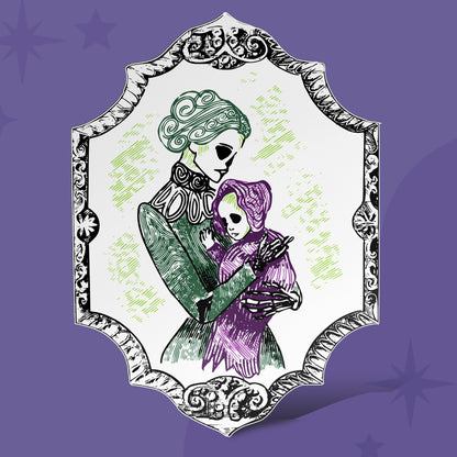 Gothic skeleton sticker showing a green Victorian woman with a skull face holding a plum bonneted child in an ornate engraved frame