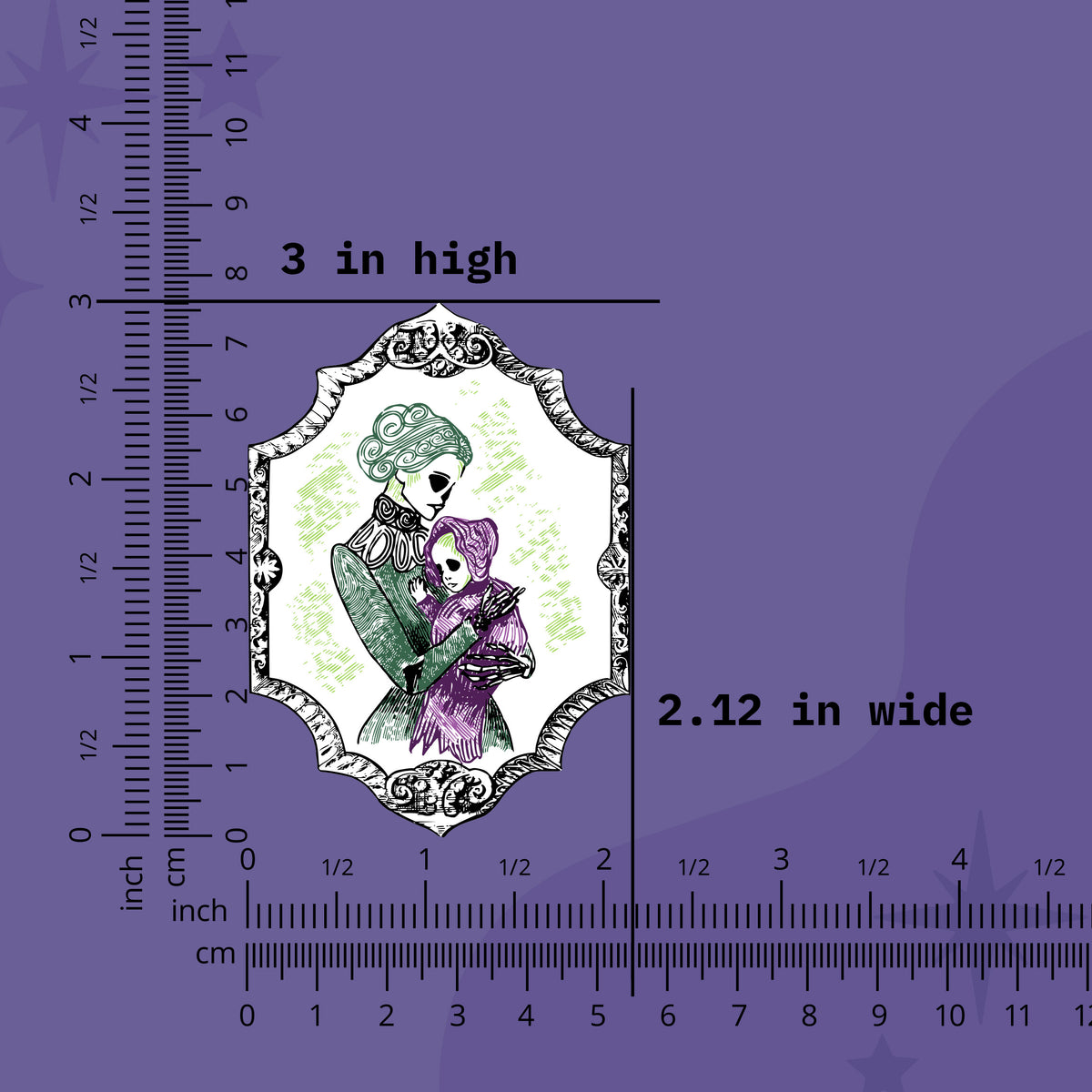 Skeleton sticker size guide showing 3 inches high by 2.12 inches wide against a purple background with rulers