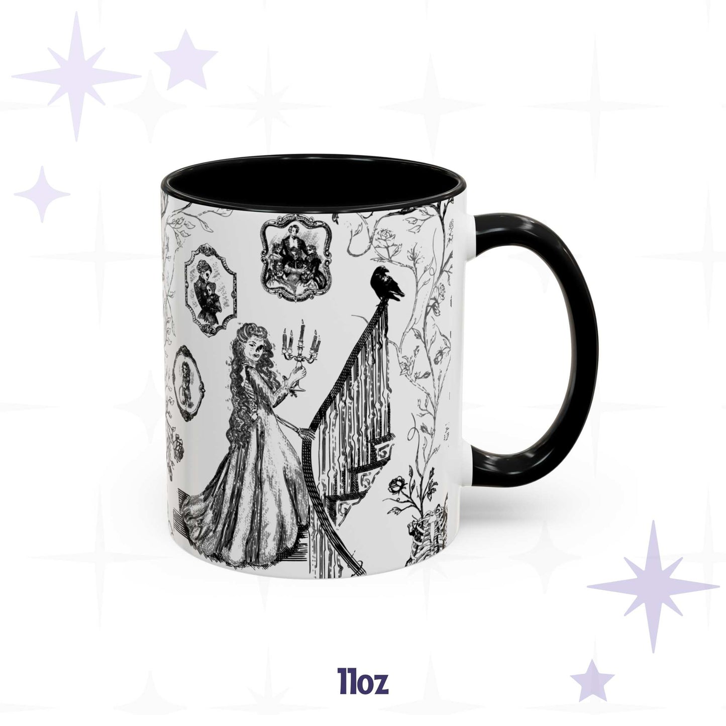 11 oz gothic toile de Jouy mug with a candelabra staircase scene, raven, and skull cameo portraits