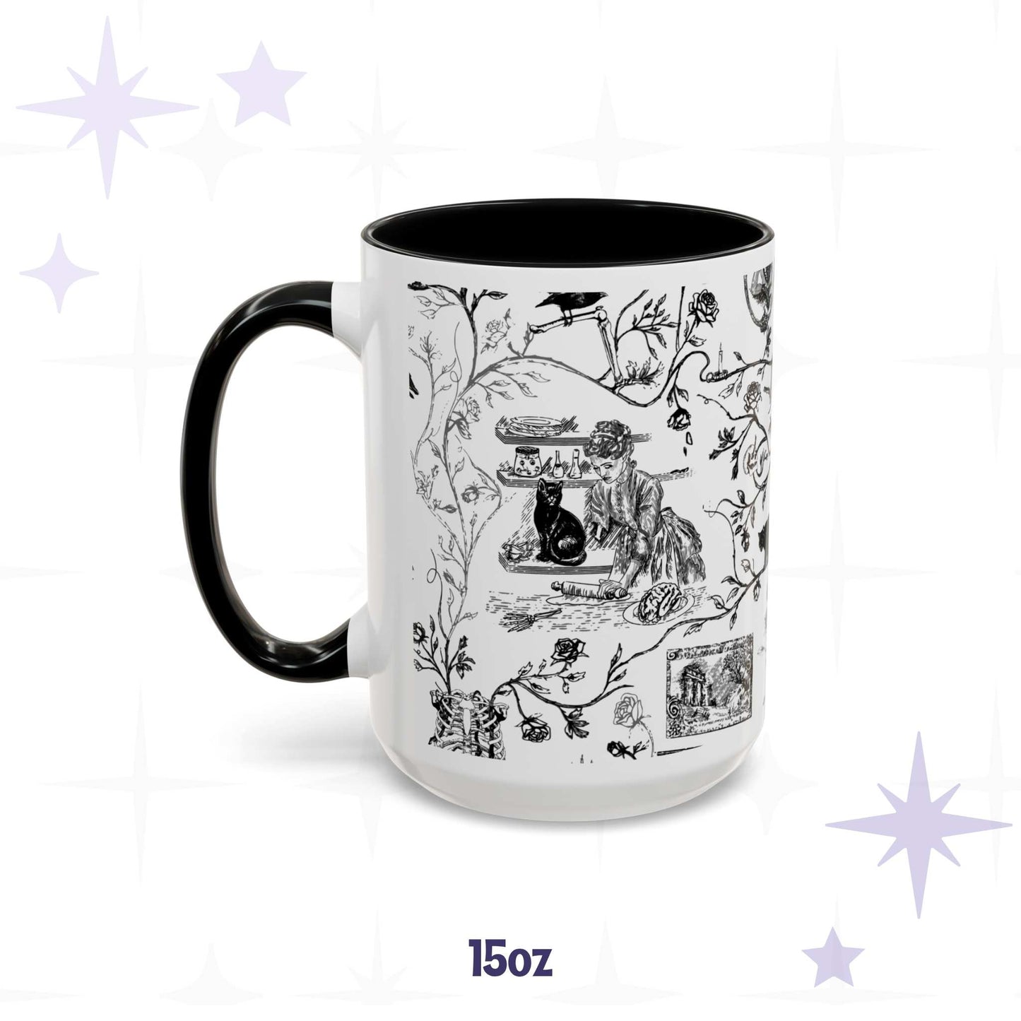 15 oz black and white gothic toile mug with a Victorian baking scene and black cat, black interior