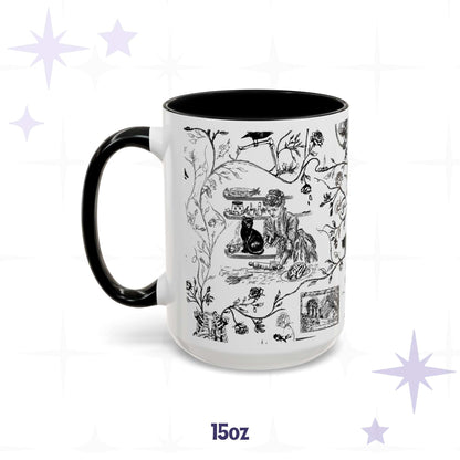 15 oz black and white gothic toile mug with a Victorian baking scene and black cat, black interior