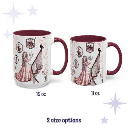 Oxblood red gothic toile mugs in 15 oz and 11 oz sizes with a candlelit staircase and raven design