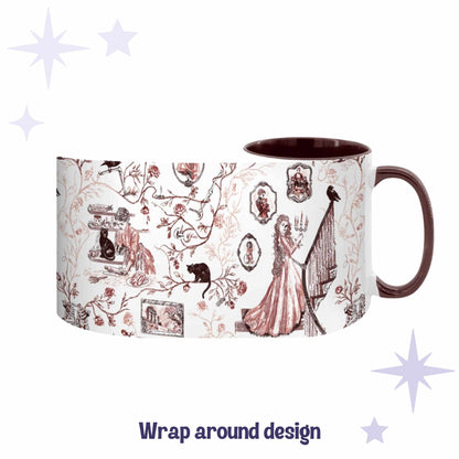 Oxblood red gothic toile mug showing the full wrap-around Victorian zombie design