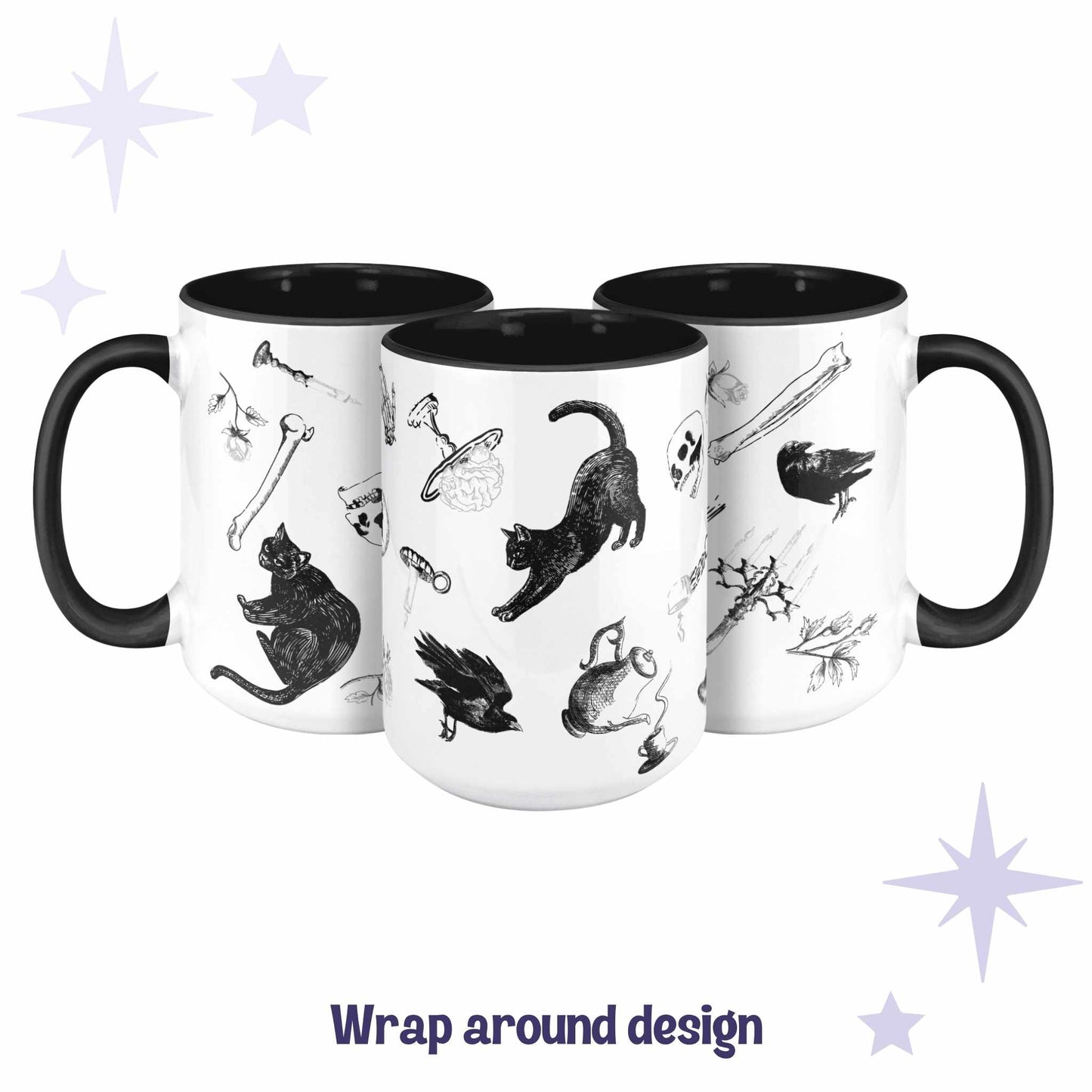 Three black and white gothic pattern mugs showing the full wrap-around zombie icons scatter design